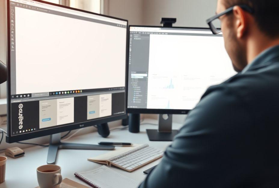 Designer refining a website interface on a large monitor