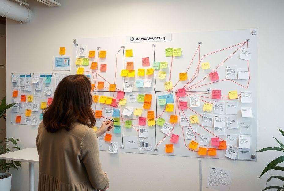 Customer journey map with sticky notes on a studio wall