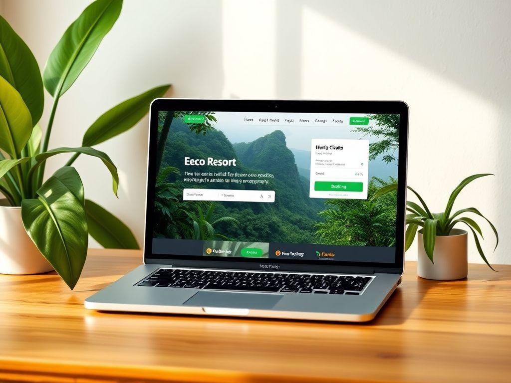 Website design for Rimba Retreats eco-resort shown on a laptop